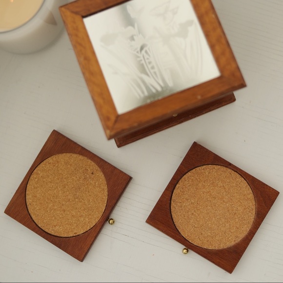 Wood & Cork Coaster Set with Mirror Butterfly Top - Picture 3 of 5
